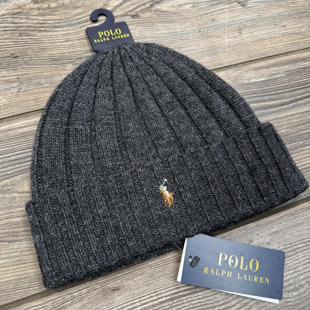 Polo Ralph Lauren Signature Merino Wool Blend Cuffed Beanie Charcoal‎ Gray New